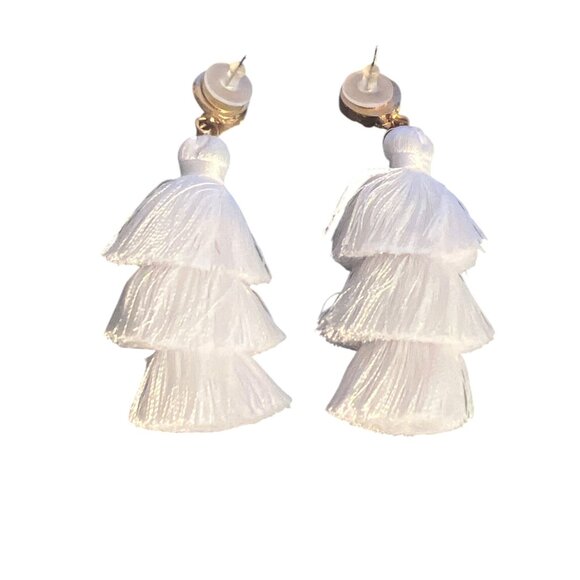 White Tassel Statement Earrings Druzy Stone Studs 3 Tiered Pierced Vacation 3" - Picture 4 of 5